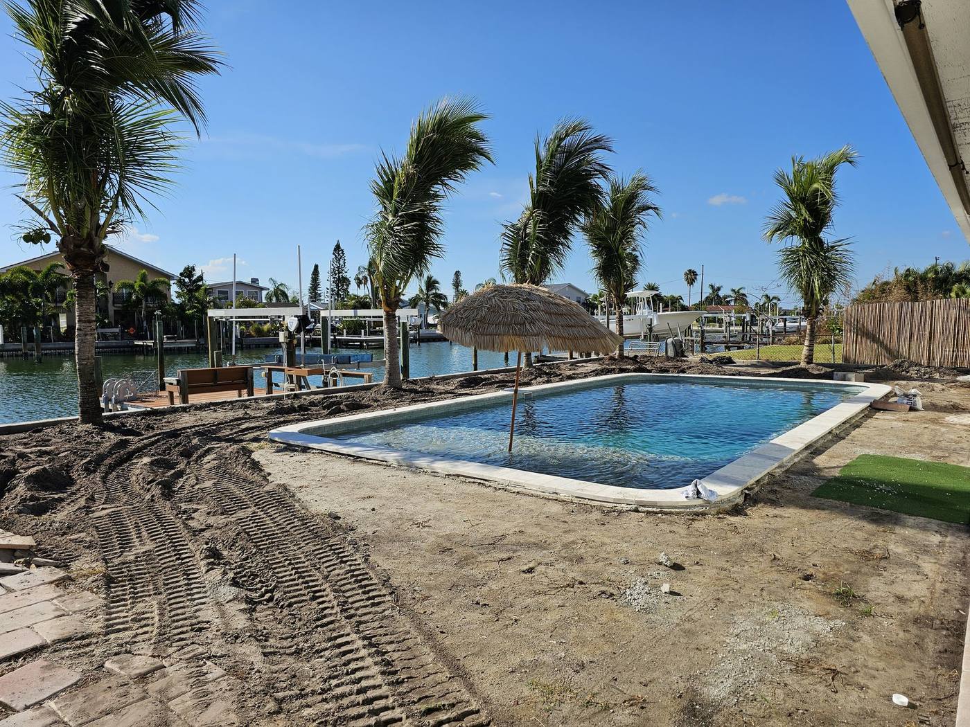 Coconut palm installation around a new waterfront pool on a Tampa Bay canal by Coast Landscape Design