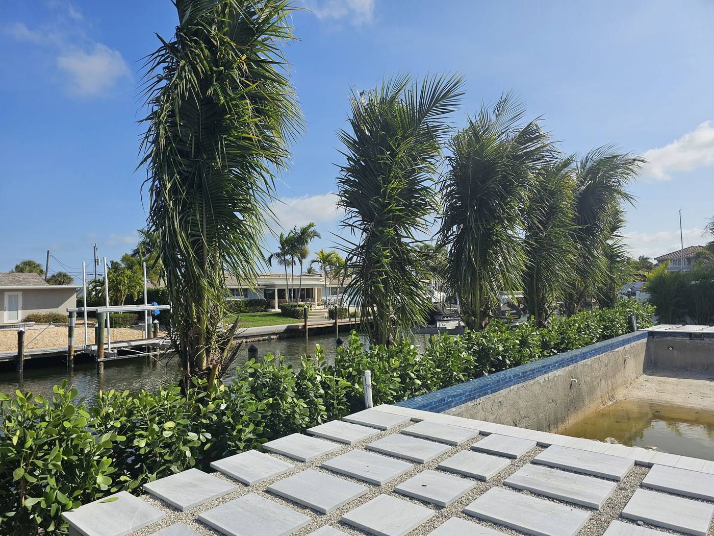 Marble paver stepping stones and glass tile pool wall on a waterfront property with coconut palms and clusia hedge